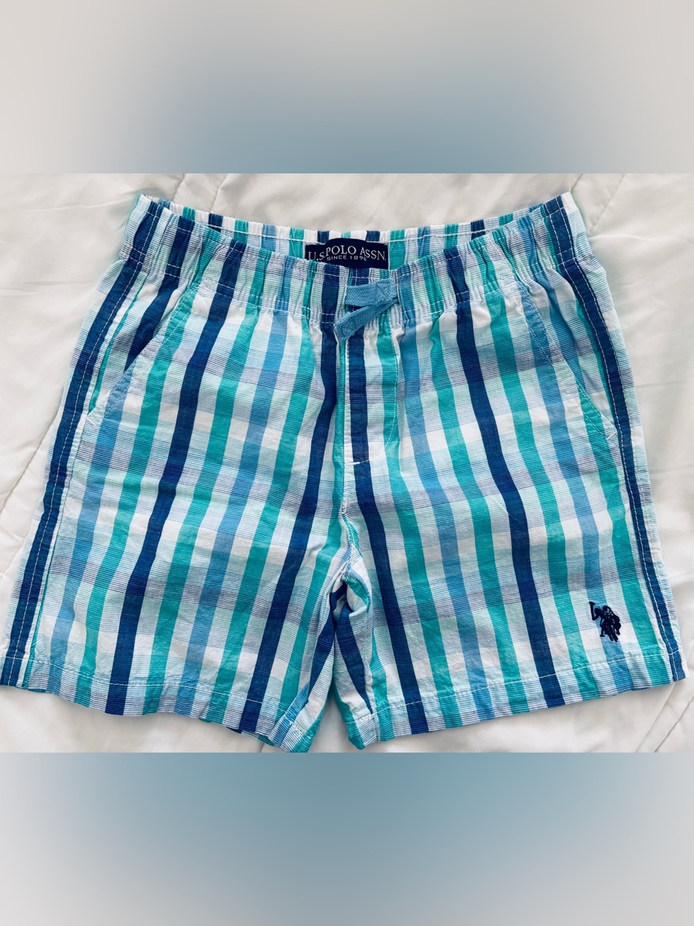 U.S. Polo Assn. Boys Teal, Navy & White Plaid Athletic Shorts(Size 8)